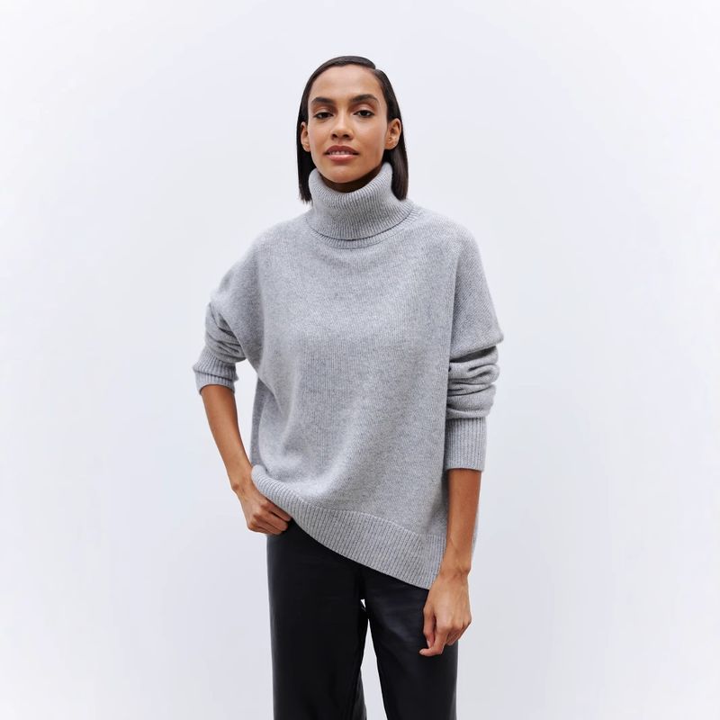 Women's High Neck Knit Sweater - Oversized Casual Pullover With Drop Shoulder Sleeves, Soft Viscose Blend Fabric, Fall Winter Loose Fit Top_voghion.com