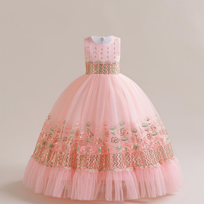 Mother & Kids foreign trade girls dress wedding dress medium and large children's long skirt embroidered mesh performance costume host evening dress_voghion.com