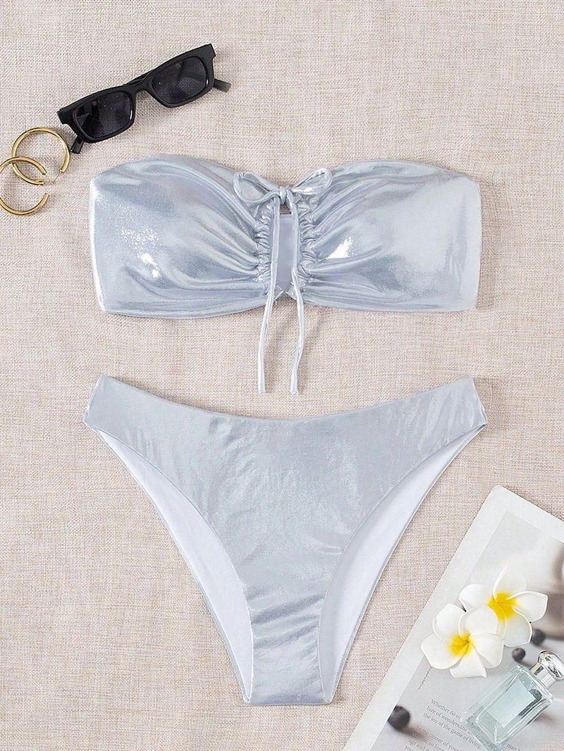 Costume da bagno bikini sexy da donna, alla moda e minimalista, con coulisse, in tessuto di poliestere, con imbottitura per il petto, senza supporto in acciaio._voghion.com