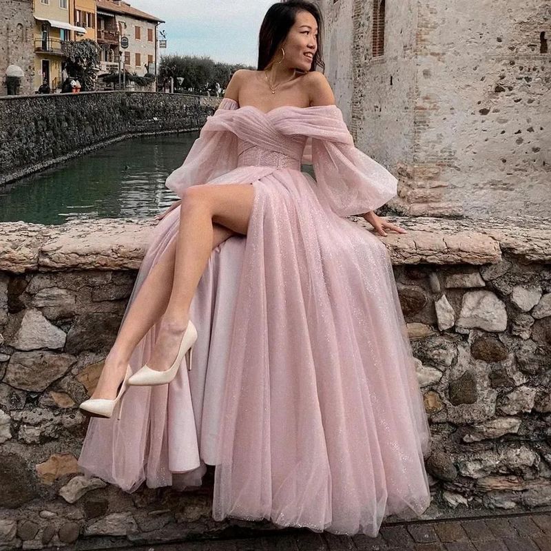 Damenbekleidung Netzrock One-Shoulder Puffärmel Abendkleid rosa sanfter Frontschlitz bodenlanges Kleid_voghion.com