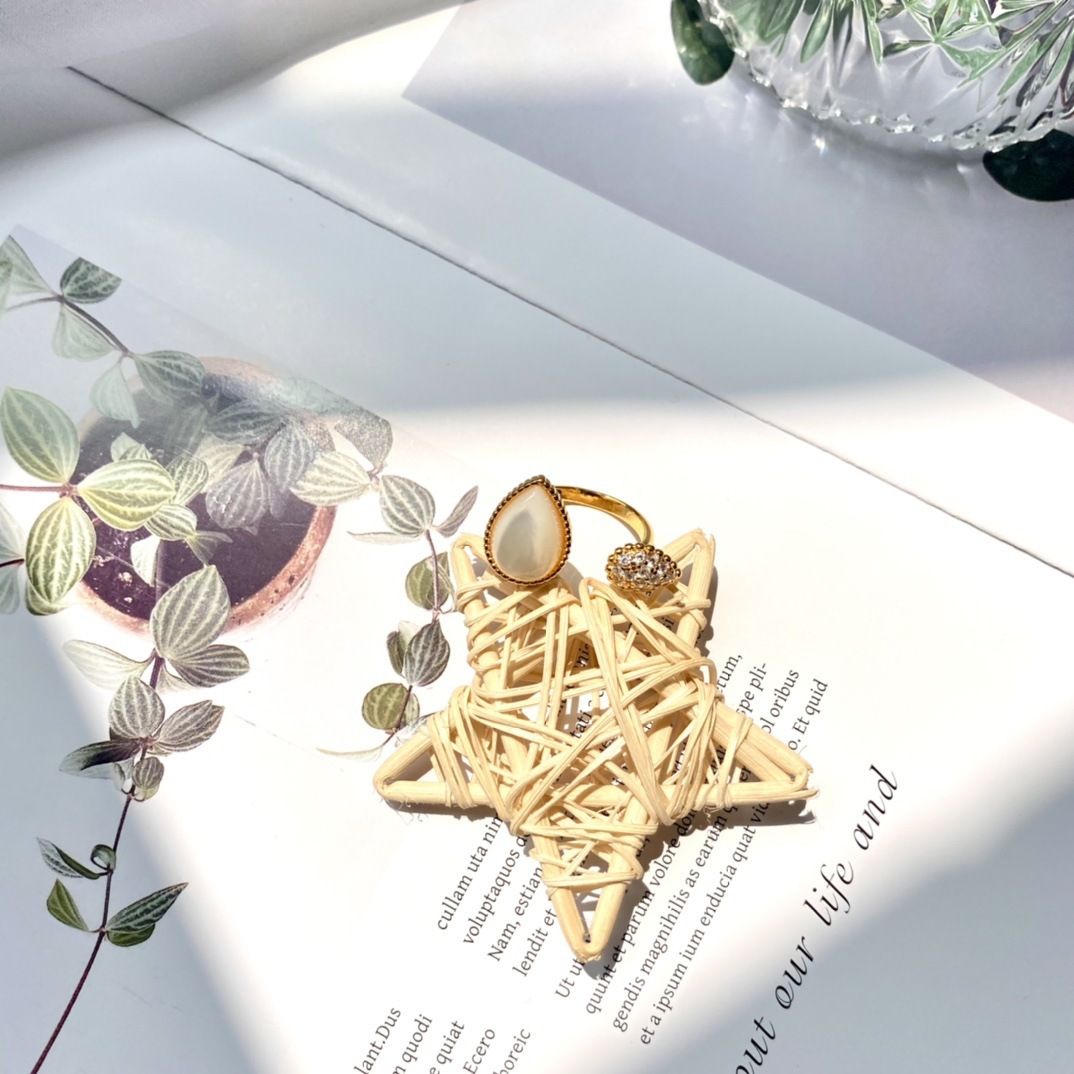 Damenschmuck Offener Diamant Natürlicher Achat Weißer Perlmutt Wassertropfenring_voghion.com