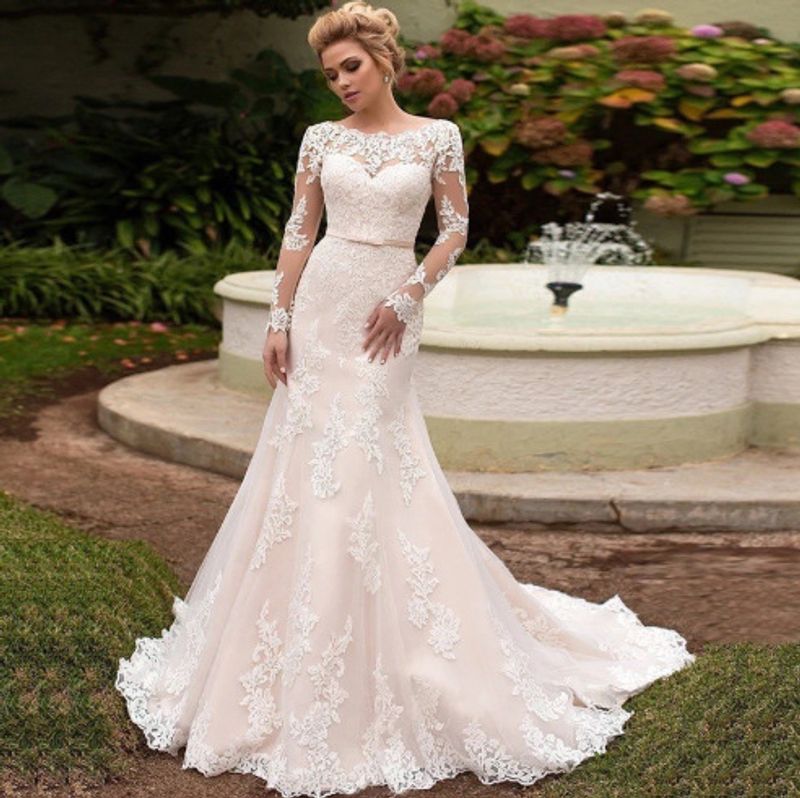 Ropa de mujer vestido de novia de sirena de encaje de manga larga novedad de verano vestido de novia sin espalda pasarela de boda bosque césped vestido de novia_voghion.com