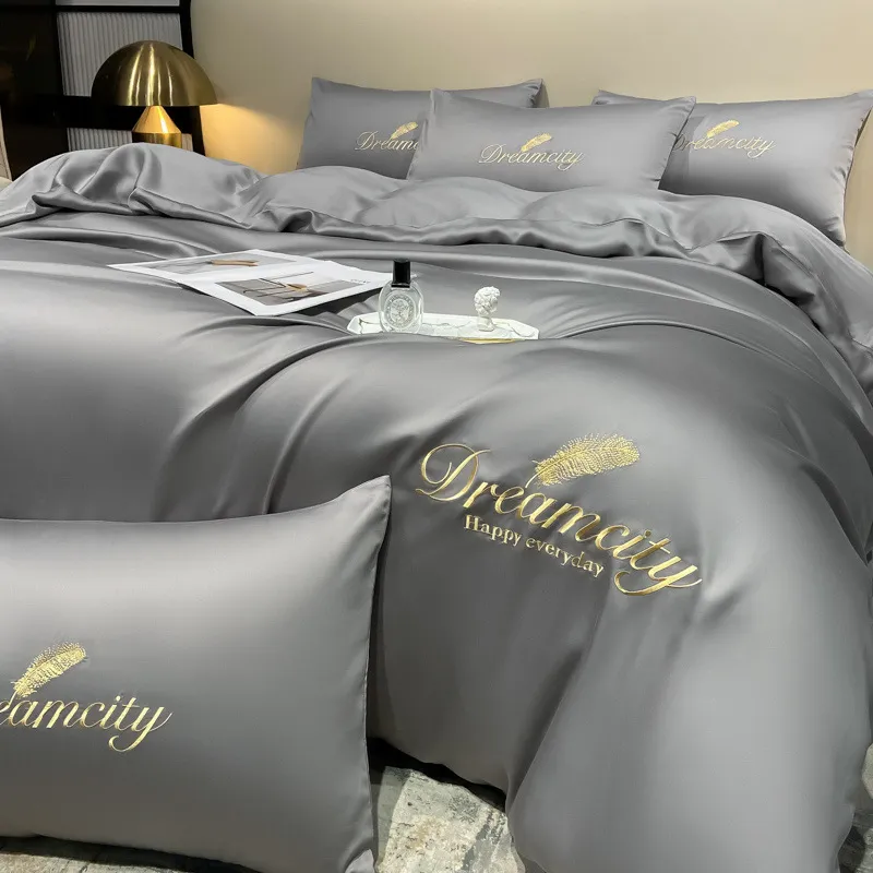 Ice silk high grade four piece set light luxury silky bed nude sleeping quilt cover spring and summer three piece set bed sheet bed sheet_voghion.com