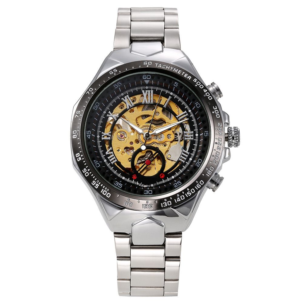 Orologio meccanico automatico scheletrato da uomo con cinturino in acciaio inossidabile, design alla moda, orologio meccanico resistente all'acqua, orologio universale_voghion.com