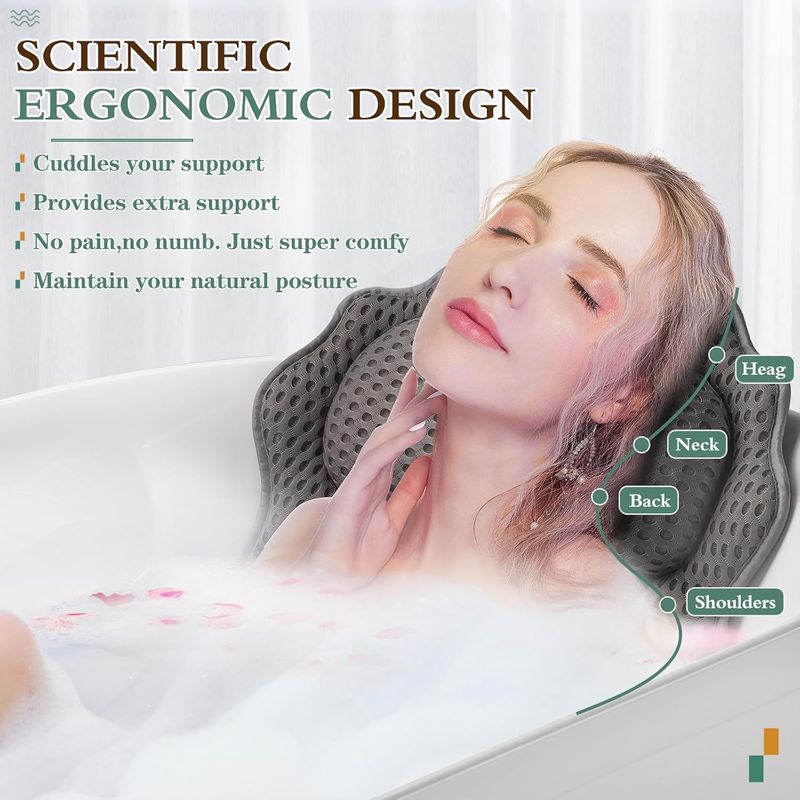 TÜV Certified 4D Ergonomic Bath Pillow, 6 Super-Suction Cups, Waterproof & Machine Washable, Spa-Grade Neck Support_voghion.com