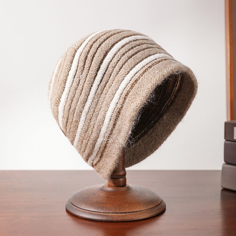 Cappello giapponese lavorato a maglia a righe a contrasto, da donna, autunno e inverno, in misto lana, versatile, impilabile, semplice, pullover_voghion.com