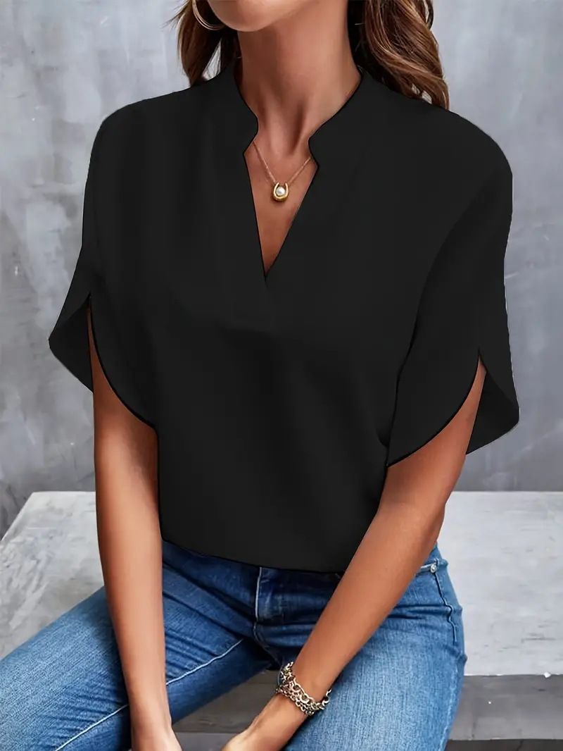 Chemisier pour femmes Blouses à manches courtes Style simple Couleur unie_voghion.com