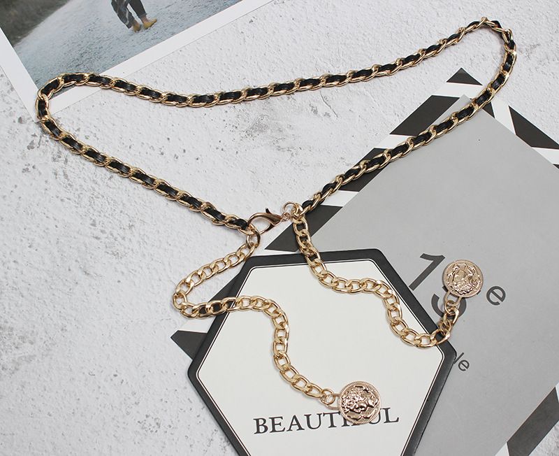 Modischer, vielseitiger, gewebter Taillengürtel im französischen Stil aus Metall und Leder im Patchwork-Stil für Damen, trendiges Accessoire mit Quastenanhänger_voghion.com