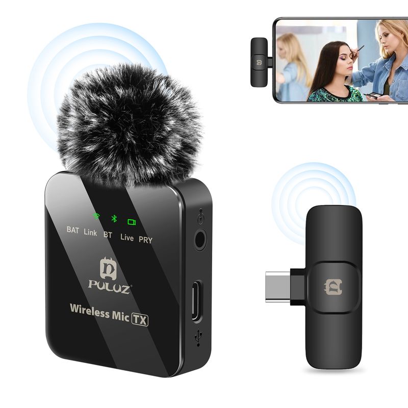Microfone de lapela sem fio para telefone tipo C, receptor tipo C (preto)_voghion.com