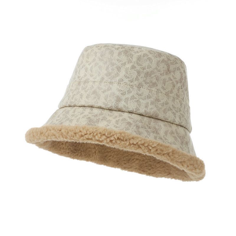 Winter Lamb Wool Leopard Print Fisherman For Women, Wide Brim Sunshade Bucket , Stylish Warm Thickened Plush Leather_voghion.com