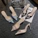 Spring And Summer Pointed Head Round Buckle High Heel Single Shoes Satin Rhinestone Bag Head Thin Heel Cool Slippers Women_voghion.com