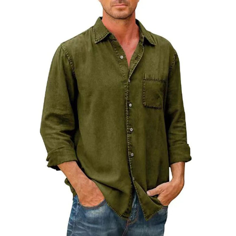 Men's Clothing 2024 Spring Lapel Solid Color  New Pocket Single Breasted Shirt Men's Long Sleeve Washed Shirt Tops_voghion.com