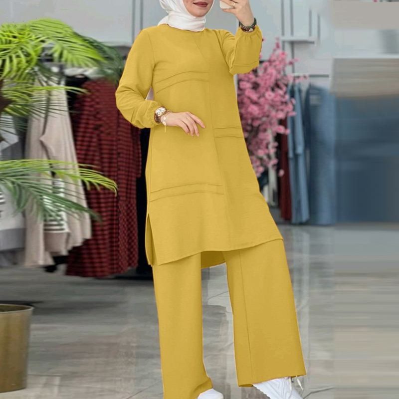 Completo sportivo da donna musulmana in due pezzi, elegante, con doppia barra, tinta unita, camicia a maniche lunghe, pantaloni a gamba larga_voghion.com