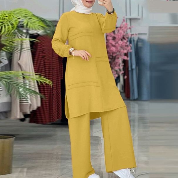 Completo sportivo da donna musulmana in due pezzi, elegante, con doppia barra, tinta unita, camicia a maniche lunghe, pantaloni a gamba larga_voghion.com