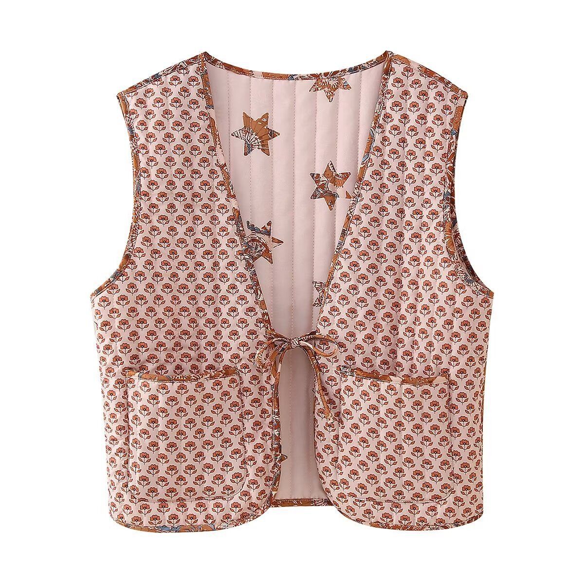 Damenbekleidung 2024 Herbst und Winter Neuheit doppelseitige Baumwollweste bedruckte Schnürjacke_voghion.com