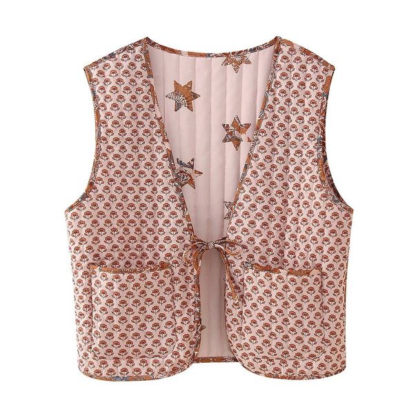 Damenbekleidung 2024 Herbst und Winter Neuheit doppelseitige Baumwollweste bedruckte Schnürjacke_voghion.com