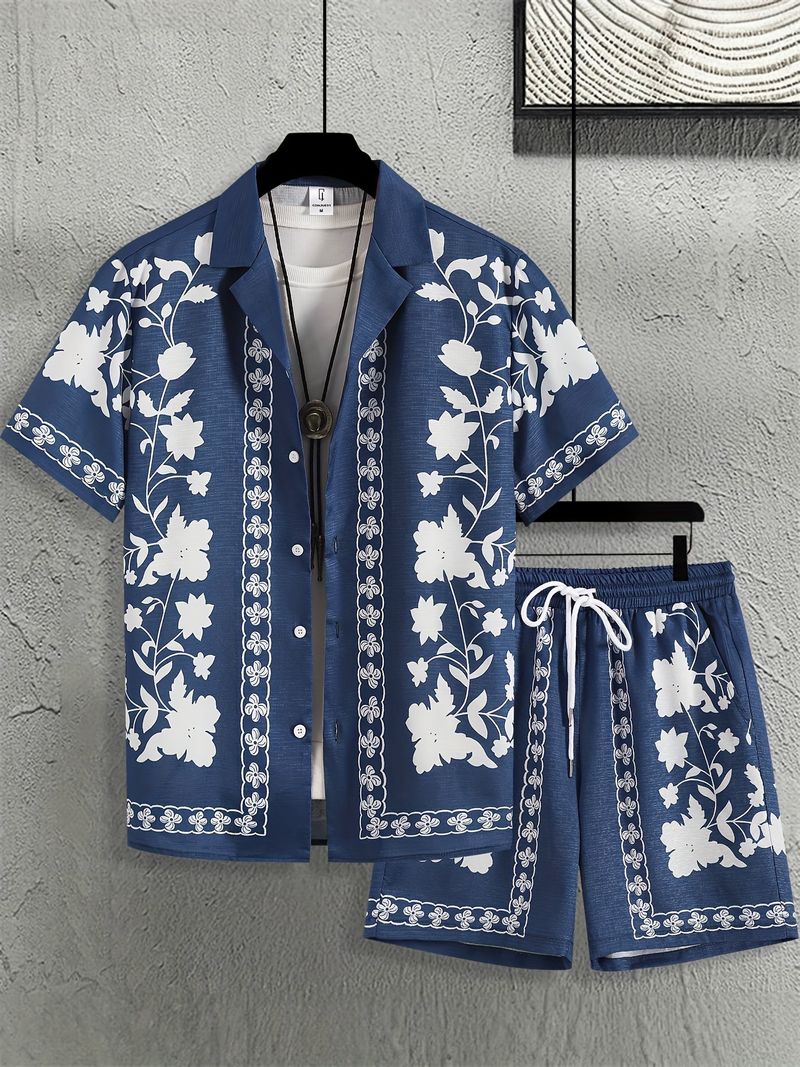 Men's Clothing Casual Trend Fashion Travel Summer Men's Cuban Collar Shirt Short Sleeve Shorts Suit_voghion.com