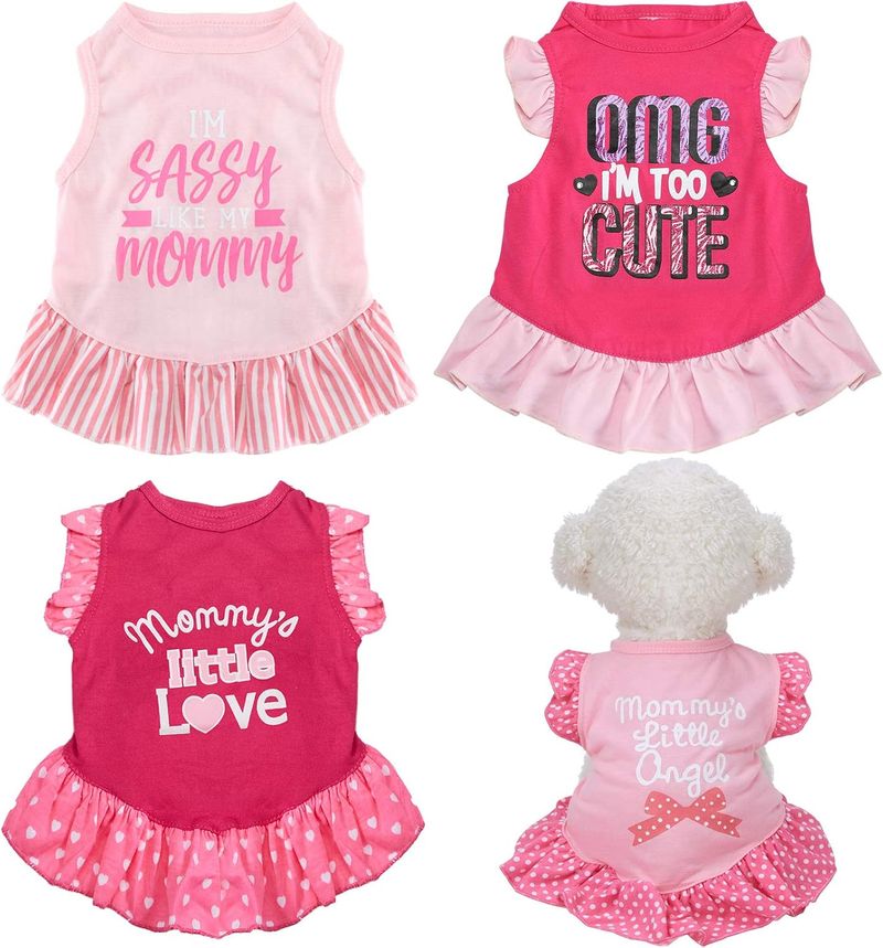 Weewooday Lot de 4 chemises pour animaux de compagnie, jolies robes d'été roses pour chiens, imprimées, princesse, vêtements d'été pour chiots, jupes pour animaux de compagnie avec volants_voghion.com