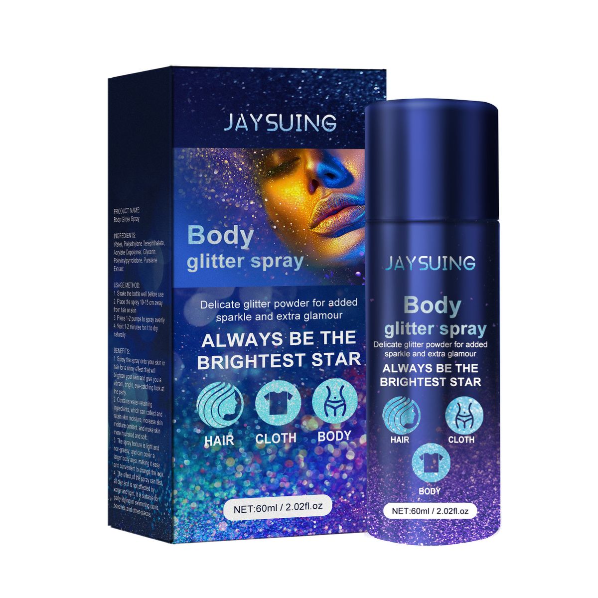 Jaysuing Glitter Spray Gesiicht Kierper Schléissebeen Hoer Highlighter Spray Owendatmosphär Ophellend Glitter_voghion.com