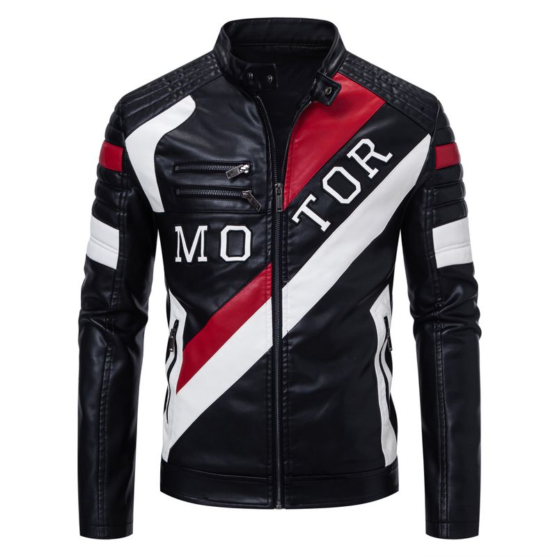 Giacca in pelle da corsa con colletto rialzato da uomo, con design abbinato ai colori, ricamata, modello locomotiva, 2025_voghion.com