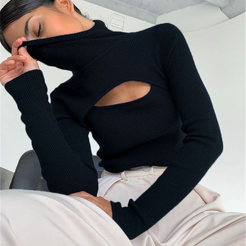 Vêtements pour femmes Haut simple à capuche en tricot à manches longues et creux sur la poitrine pour femmes_voghion.com