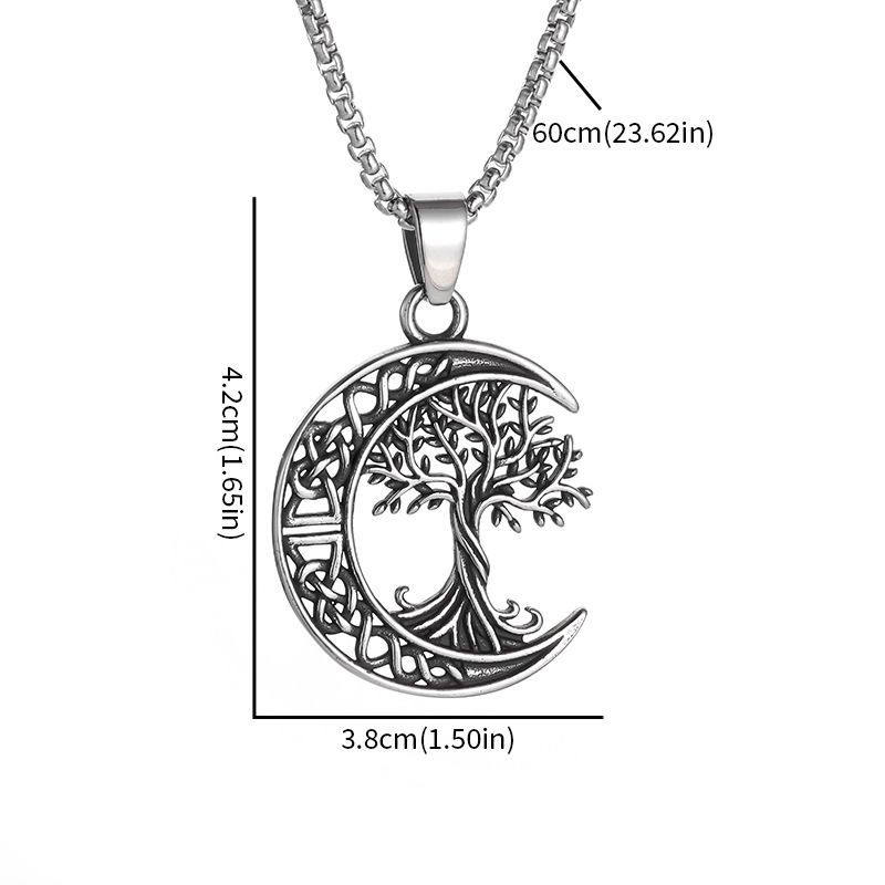 Collana con ciondolo in acciaio al titanio e nodo celtico vichingo nordico con albero della vita e luna nuova_voghion.com