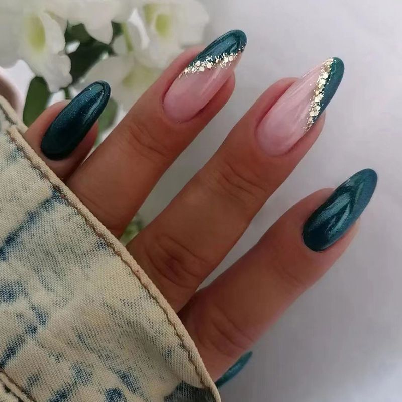 24 stuks eenvoudige blauwe kunstnagels met amandelkop draagbaar eenvoudige Franse nepnagels lange volledige dekking druk op de nagel_voghion.com