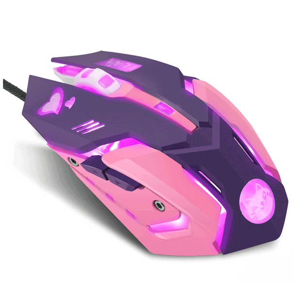 Mouse da gioco optoelettronico cablato con computer carino, rosa silenzioso, viola chiaro, luminoso_voghion.com