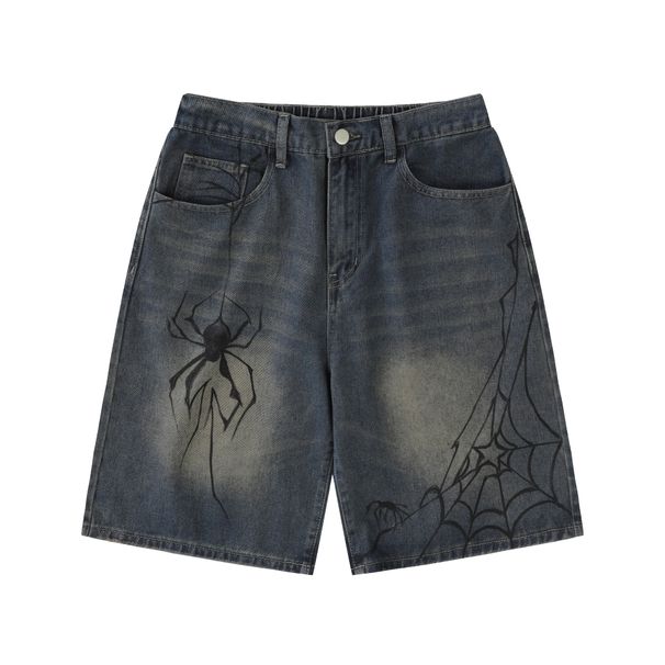 Men's Clothing Painted Spider Denim Shorts Loose Retro Distressed Blue Straight Shorts_voghion.com