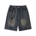 Men's Clothing Painted Spider Denim Shorts Loose Retro Distressed Blue Straight Shorts_voghion.com