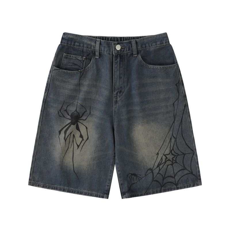 Short en jean pour homme, style araignée peinte, ample, style rétro, bleu vieilli, droit_voghion.com