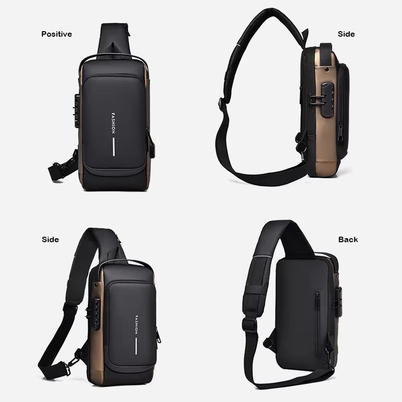Men's Chest PU Leather Solid Color Shoulder Crossbody Waterproof With Lock Anti-theft Multi-functional Charging Port_voghion.com