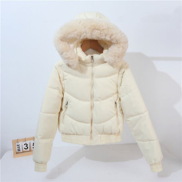 Doudoune courte convertible à manches amovibles et capuche en fausse fourrure pour femme - Manteau d'hiver taille haute doublé polaire épaisse_voghion.com