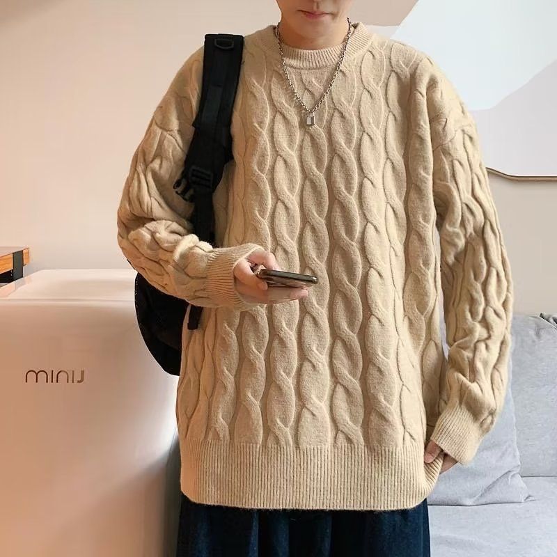 Japanese retro casual Fried Dough Twists sweaters for men and women in winter loose round neck knitwear lazy style_voghion.com