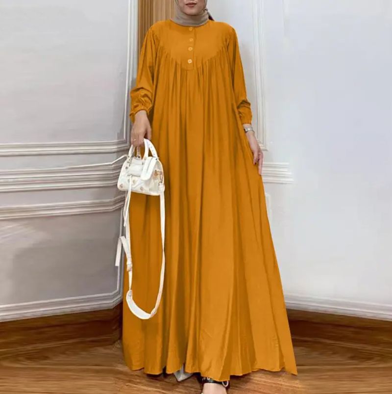 Women's Clothing Muslim Style Solid Color Cotton And Linen Fashion Retro Loose Large Size Long Dress_voghion.com