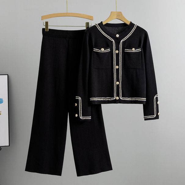 Ropa de mujer Moda Temperamento Cuello redondo Cárdigan de punto Traje de mujer Estilo occidental Traje pequeño ajustado de dos piezas_voghion.com