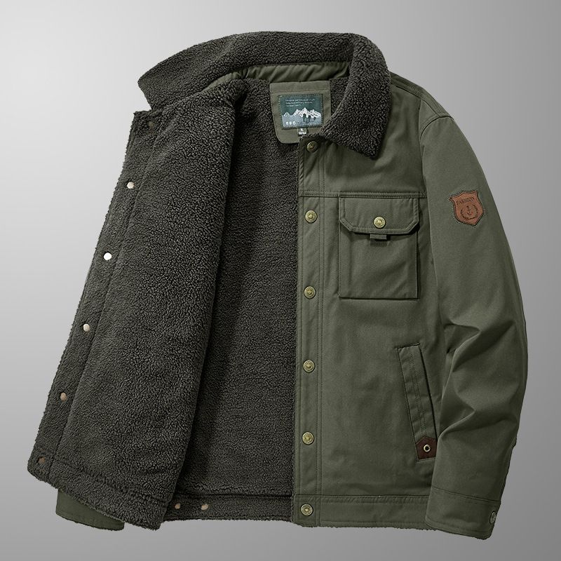 Herren-Winterjacke mit Fleecefutter – Dicker Baumwollmantel mit Stehkragen, lässige Oberbekleidung mit Reißverschluss für kaltes Wetter (Armeegrün, Khaki, Marineblau)_voghion.com