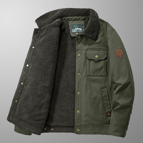 Herren-Winterjacke mit Fleecefutter – Dicker Baumwollmantel mit Stehkragen, lässige Oberbekleidung mit Reißverschluss für kaltes Wetter (Armeegrün, Khaki, Marineblau)_voghion.com