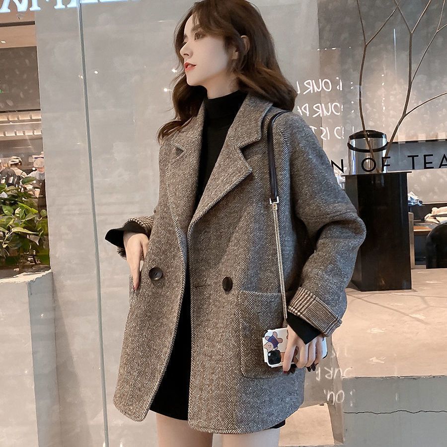 Women's Oversized Blazer Coat, Wool Blend Longline Single-Button Jacket, Casual Office Tweed Outerwear For Autumn & Winter_voghion.com