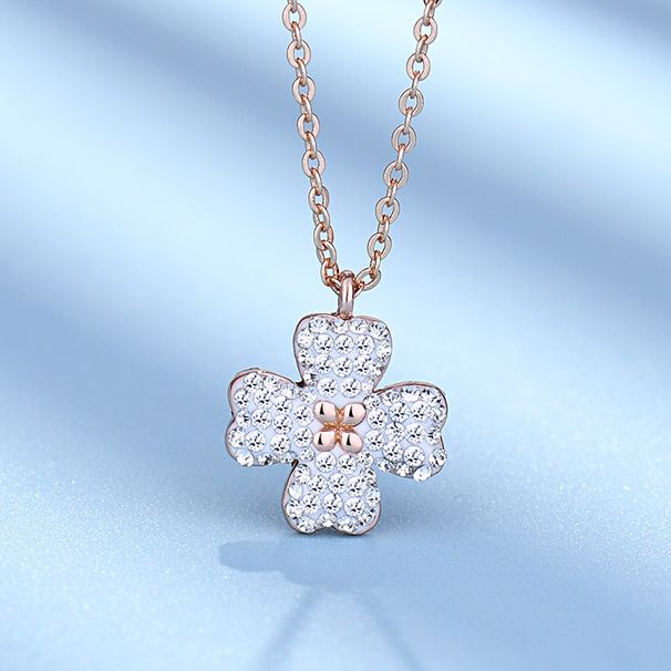 Versione Collana a quadrifoglio bifacciale per donna in bianco e nero con elemento in cristallo di diamante pieno, trasmissione in diretta in oro rosa_voghion.com