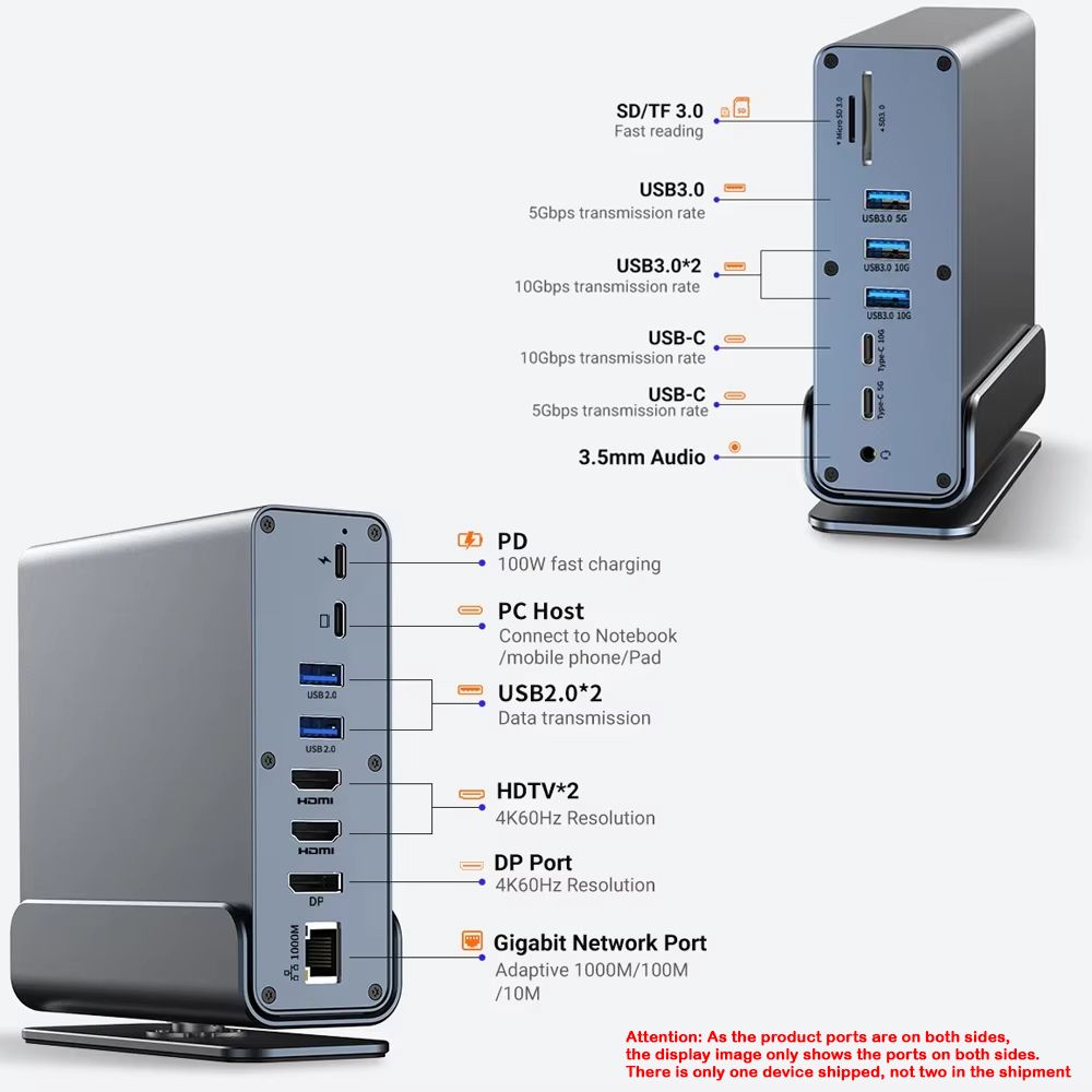 Station d'accueil 15 en 1 Type-C 4K à 60 Hz HDMI DisplayPort USB A RJ45 SD TF Audio 3,5 mm pour MacBook Pro_voghion.com