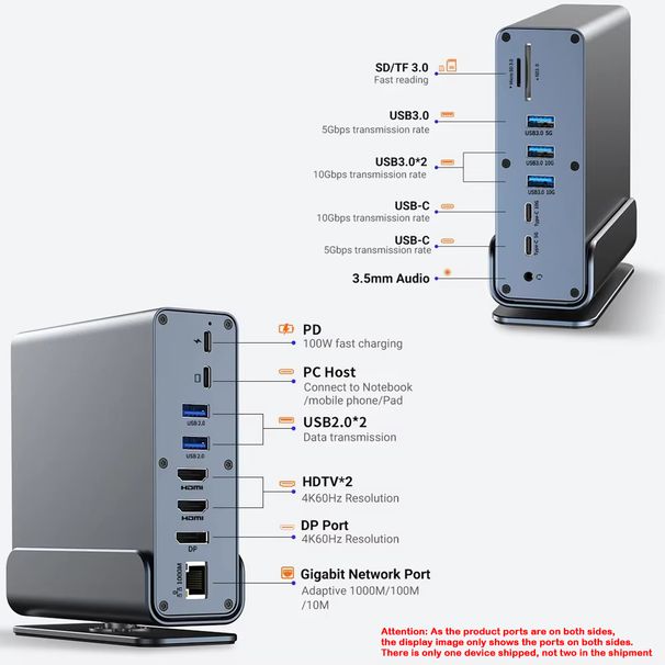 Station d'accueil 15 en 1 Type-C 4K à 60 Hz HDMI DisplayPort USB A RJ45 SD TF Audio 3,5 mm pour MacBook Pro_voghion.com