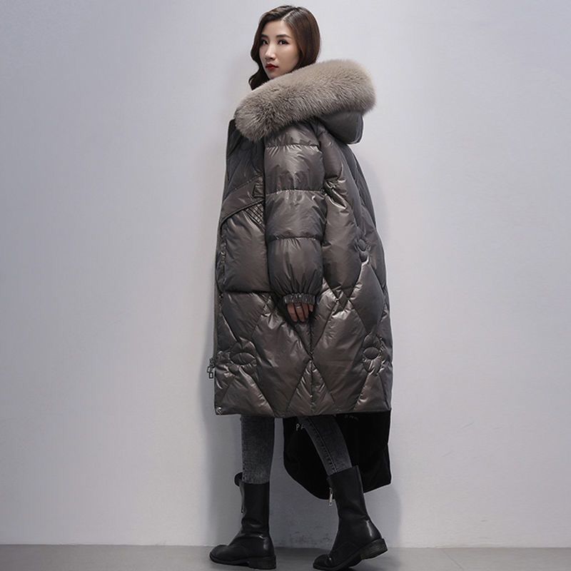 Parka da donna Giacca imbottita in piuma d'inverno Moda Cappotto invernale da donna con collo di pelliccia grande e sciolto con cappuccio_voghion.com