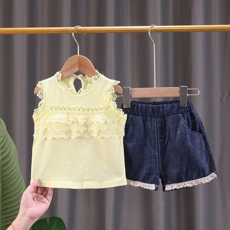 T-shirt doux en dentelle sans manches de couleur unie pour bébé et fille en bas âge, gilet d'été pour bébé, ensemble de style princesse_voghion.com