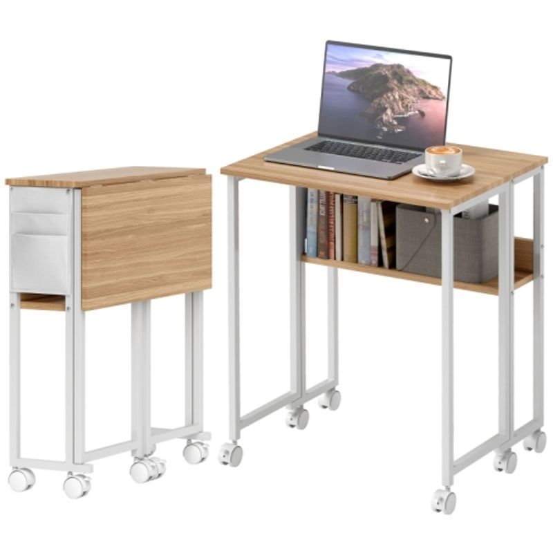 HOMCOM Schreibtisch Klappbar Kleiner 63 Cm Klappschreibtisch Mit Rollen Platzsparend Computertisch Mit Regal, Aufbewahrungstasche, Für Home Office, Natur_voghion.com