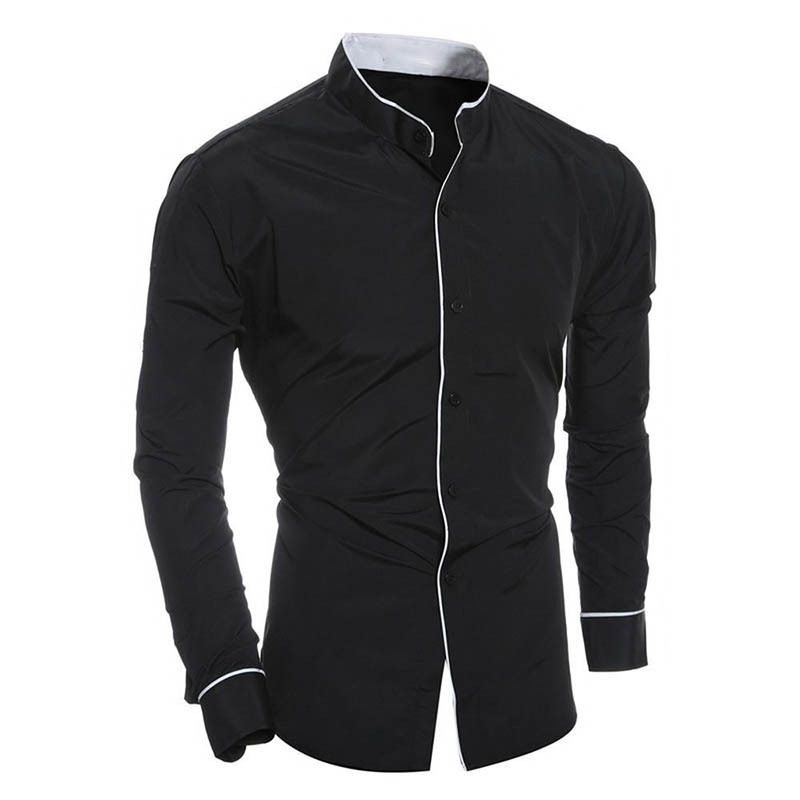 New Men's Slim Fit Classic Solid Color Simple Stand Collar Personality Patchwork Cardigan Base Shirt_voghion.com