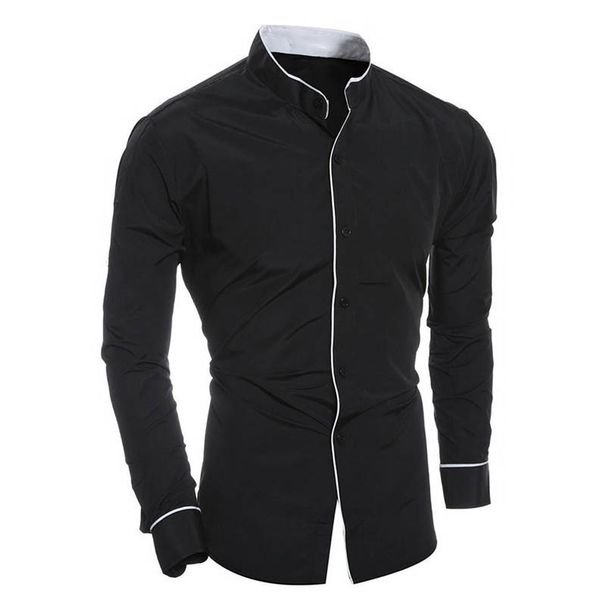 New Men's Slim Fit Classic Solid Color Simple Stand Collar Personality Patchwork Cardigan Base Shirt_voghion.com