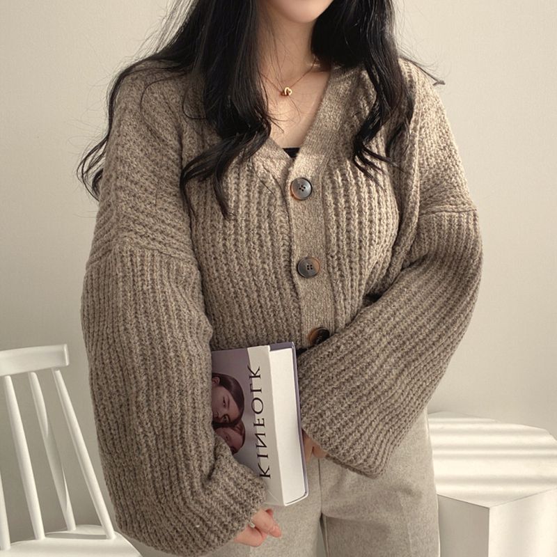 Giacca maglione con maniche a lanterna larghe e larghe per donna, cardigan lavorato a maglia spesso caldo autunno e inverno 2024 coreano chic_voghion.com
