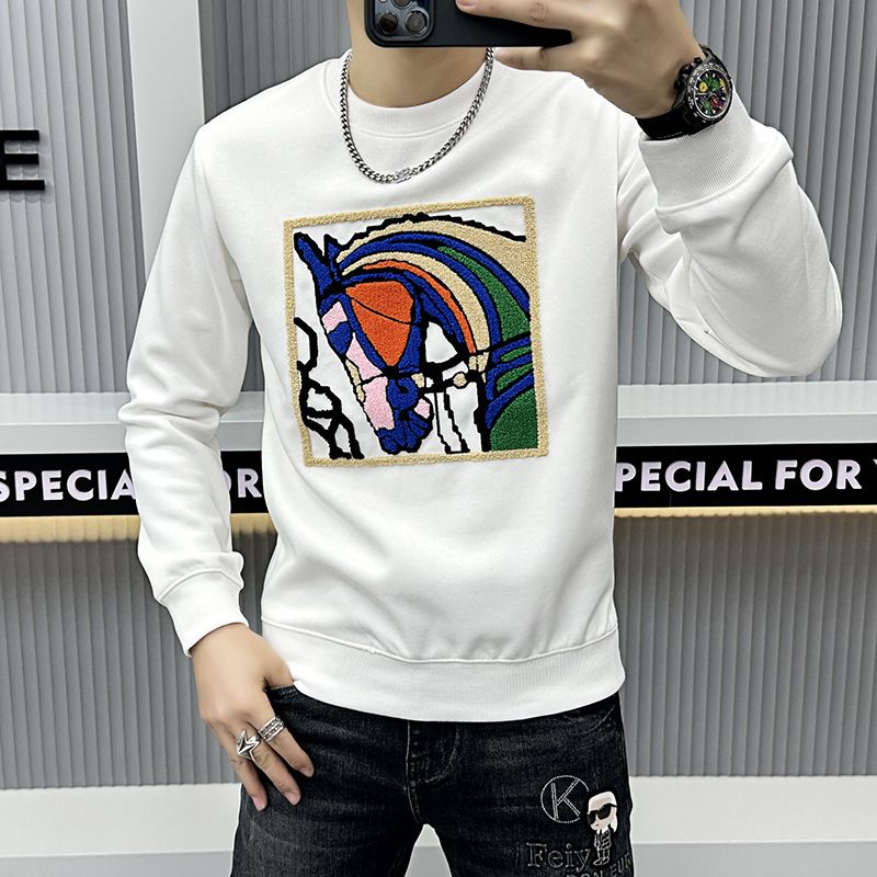 Felpa da uomo a maniche lunghe di marca di abbigliamento da uomo con motivo a testa di cavallo ricamato camicia da uomo girocollo di alta qualità alla moda e alla moda_voghion.com