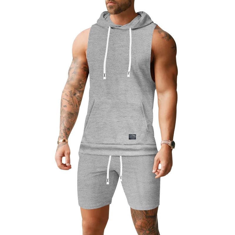 Herrenbekleidung Ärmellos Einfarbig Jacquard Gestrickt Kapuze Ärmellos Freizeitweste Shorts Anzug_voghion.com